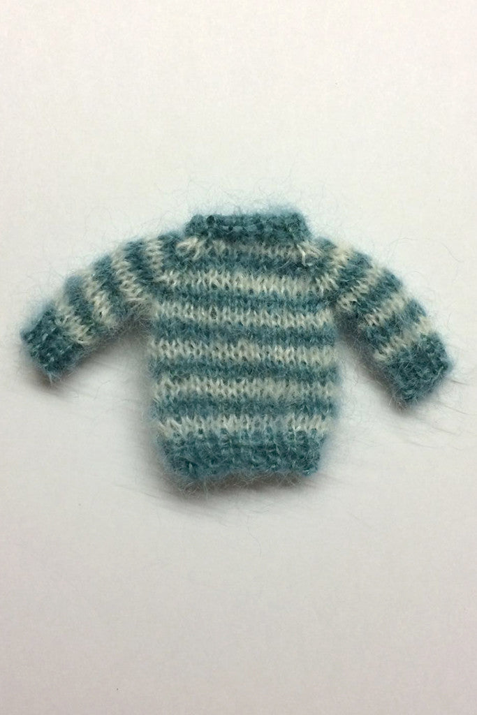 [OF177] Hand Knit Mohair Stripe Sweater (Turquoise Blue & White)